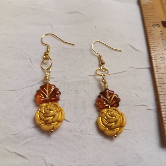 Steel Handmade Hand Crafted Leaf & Rose Beaded Dangle Earrings #55 - Picture 9 of 14